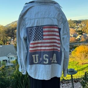 Vintage frayed Malibu bedazzled USA Flag Denim Button Down Shirt